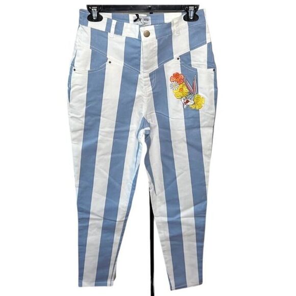 Unique Vintage x Looney Tunes Blue/White Striped Bugs Bunny Cigarette Pants NWT - Picture 1 of 7